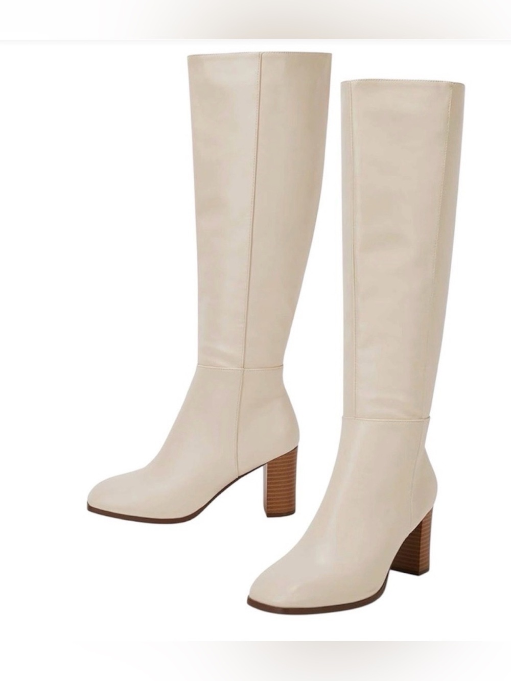 Women's Over-the-Knee Cream Leather Block Heel Boots